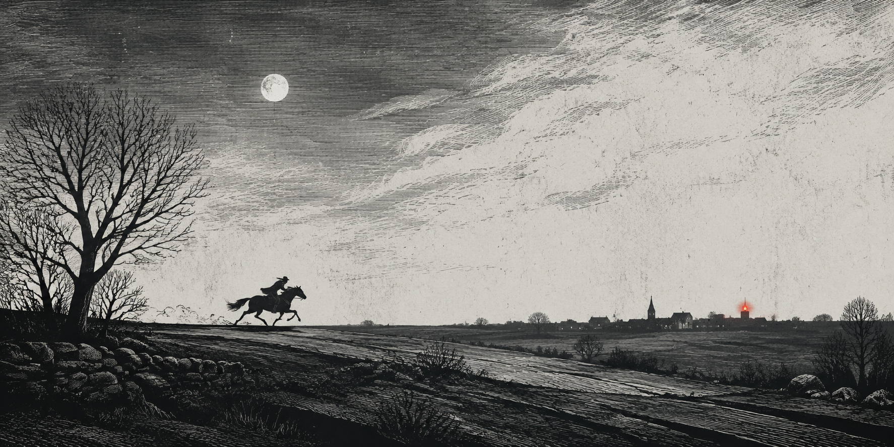 Paul Revere riding through the night toward a distant warning signal